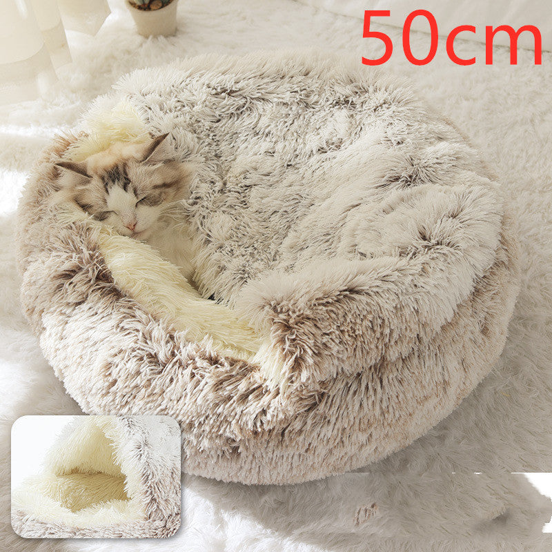 Lit 2 en 1 pour chien et chat - Lit d'hiver rond en peluche chaud pour animaux de compagnie - Lit doux et long en peluche pour animaux de compagnie